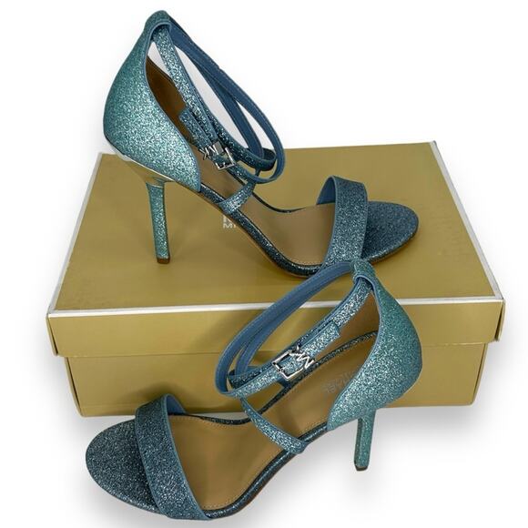 NEW Michael Kors Blue Glitter Heels 8.5 Stiletto Fancy Wedding Formal Ankle NWT - Picture 1 of 10